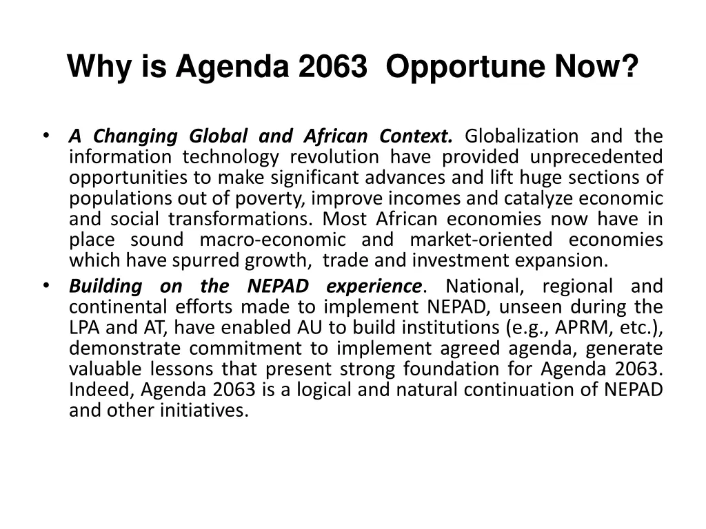why is agenda 2063 opportune now