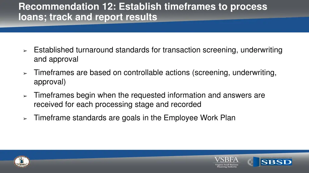 recommendation 12 establish timeframes to process