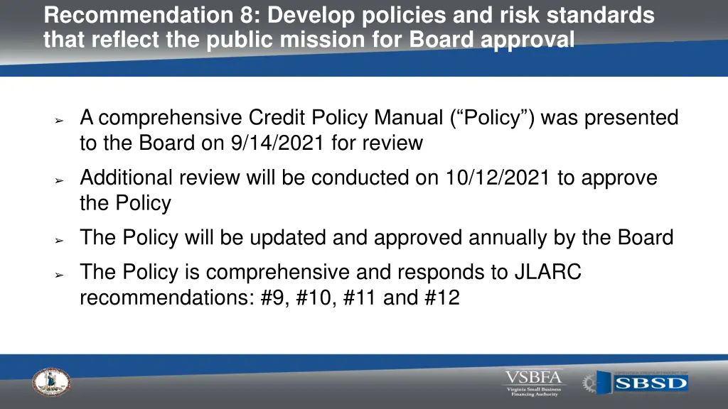 recommendation 8 develop policies and risk