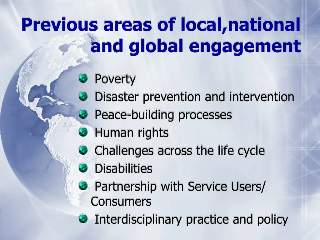 previous areas of local national and global