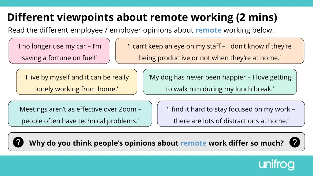 different viewpoints about remote working 2 mins