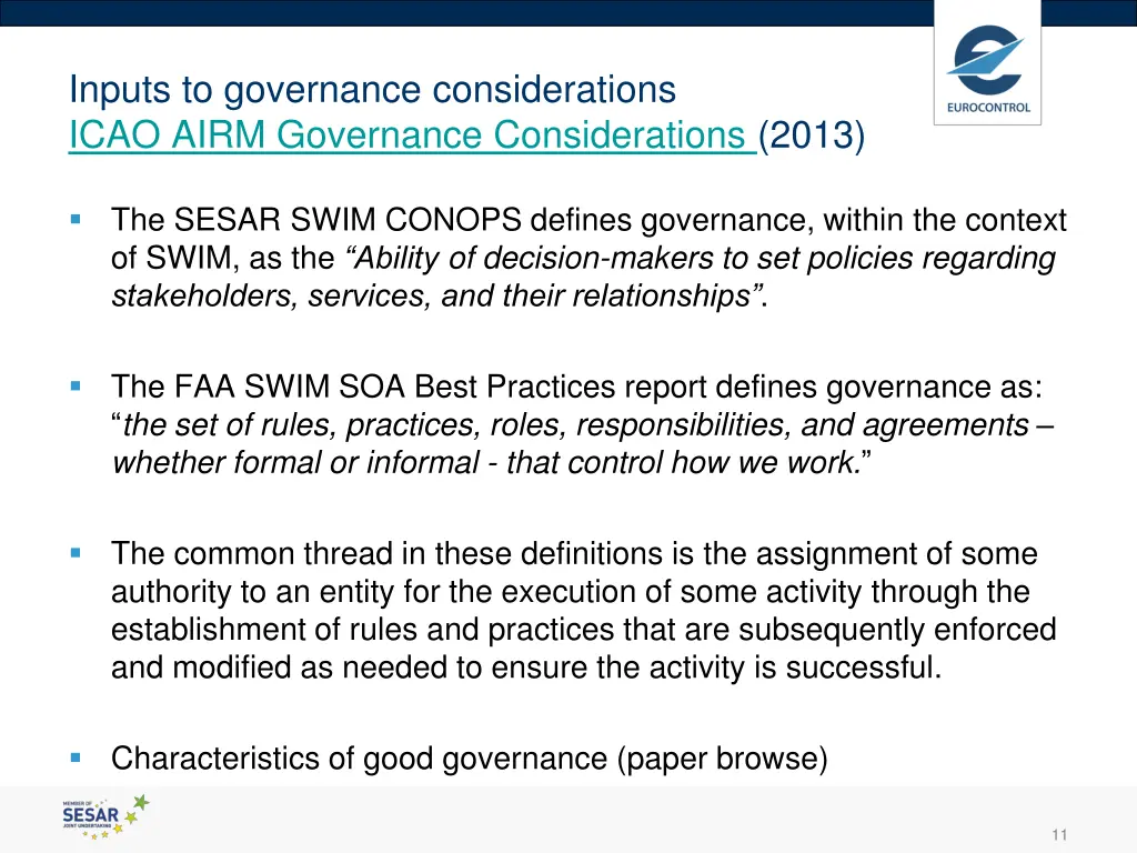 inputs to governance considerations icao airm