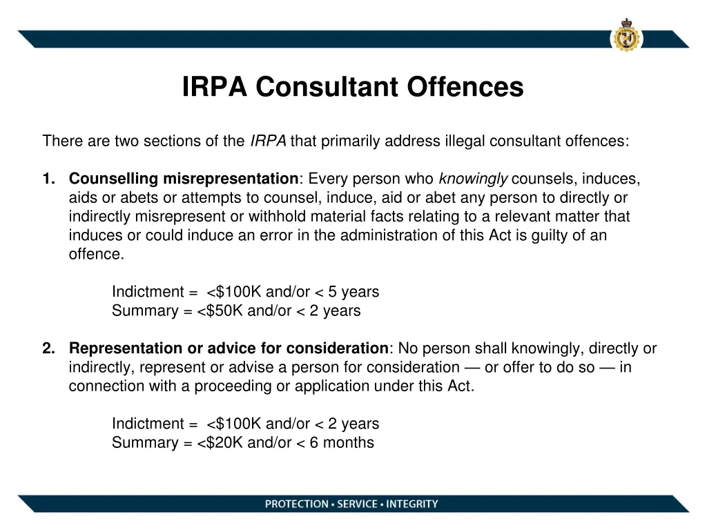 irpa consultant offences