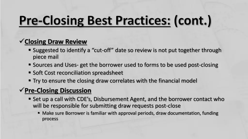 pre closing best practices cont 1