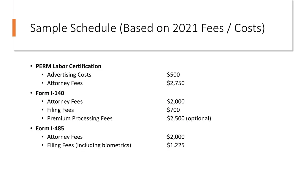 sample schedule based on 2021 fees costs