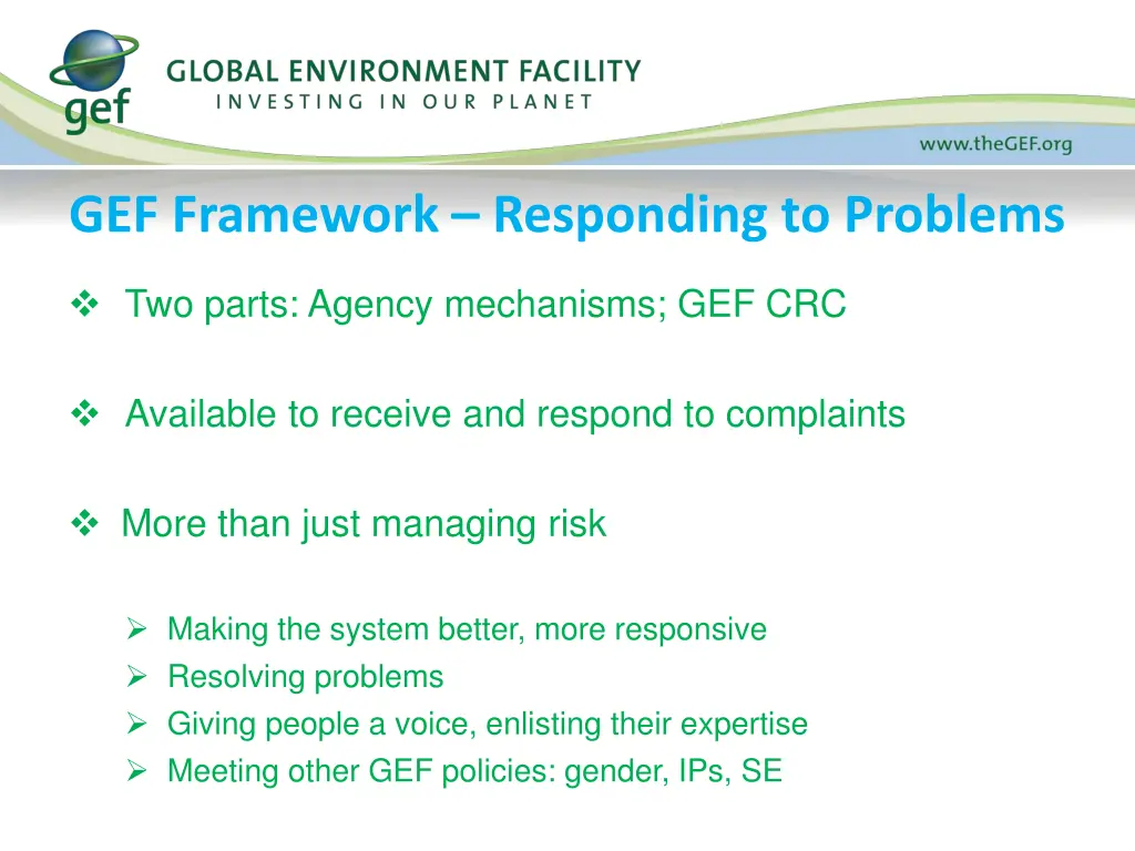 gef framework responding to problems