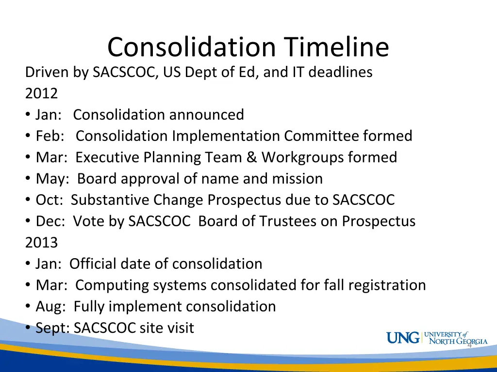 consolidation timeline driven by sacscoc us dept