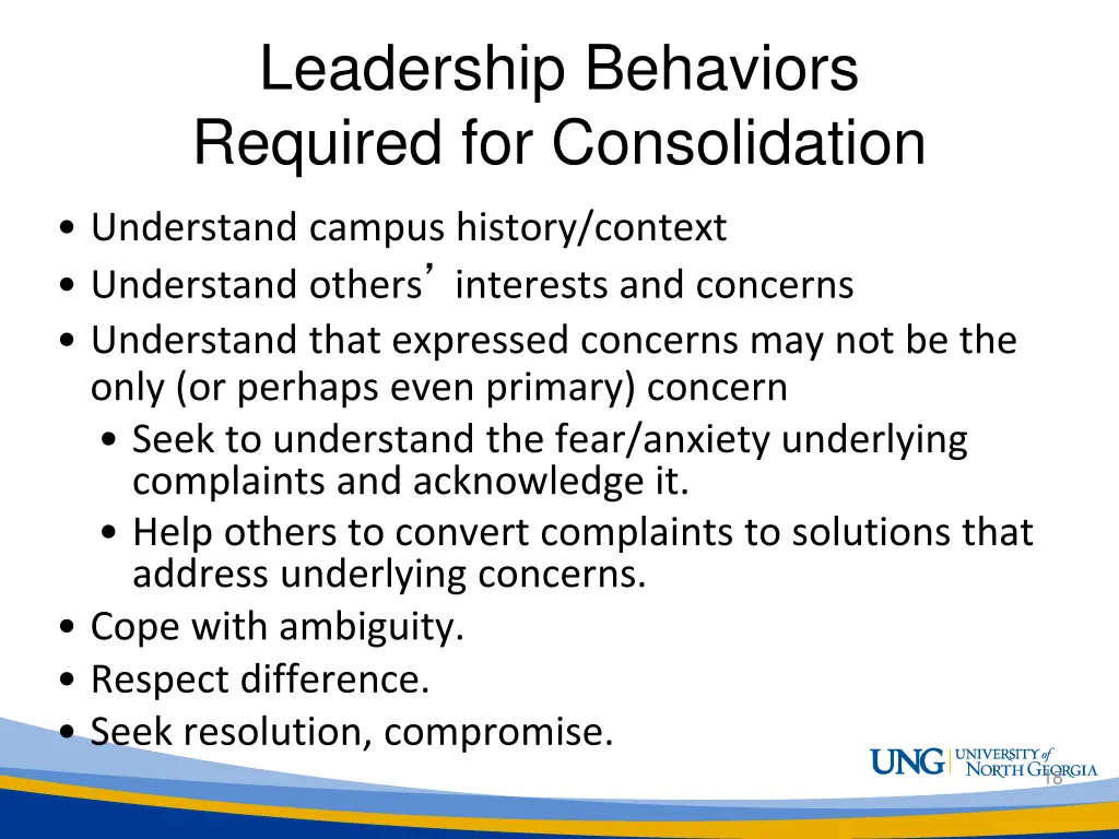 leadership behaviors required for consolidation