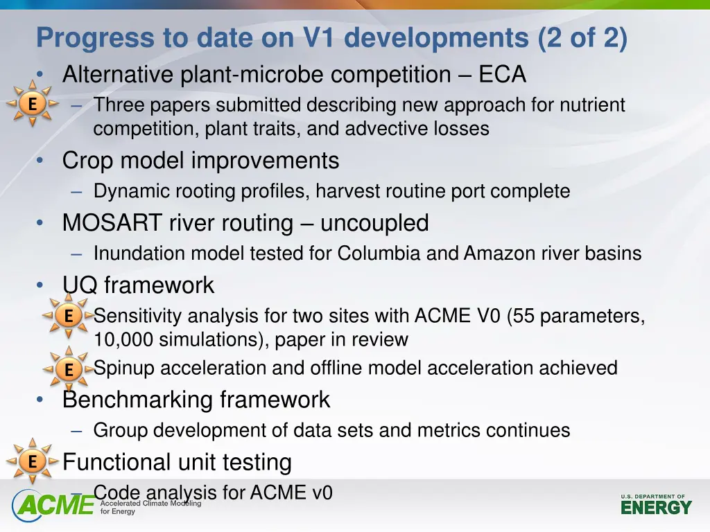 progress to date on v1 developments