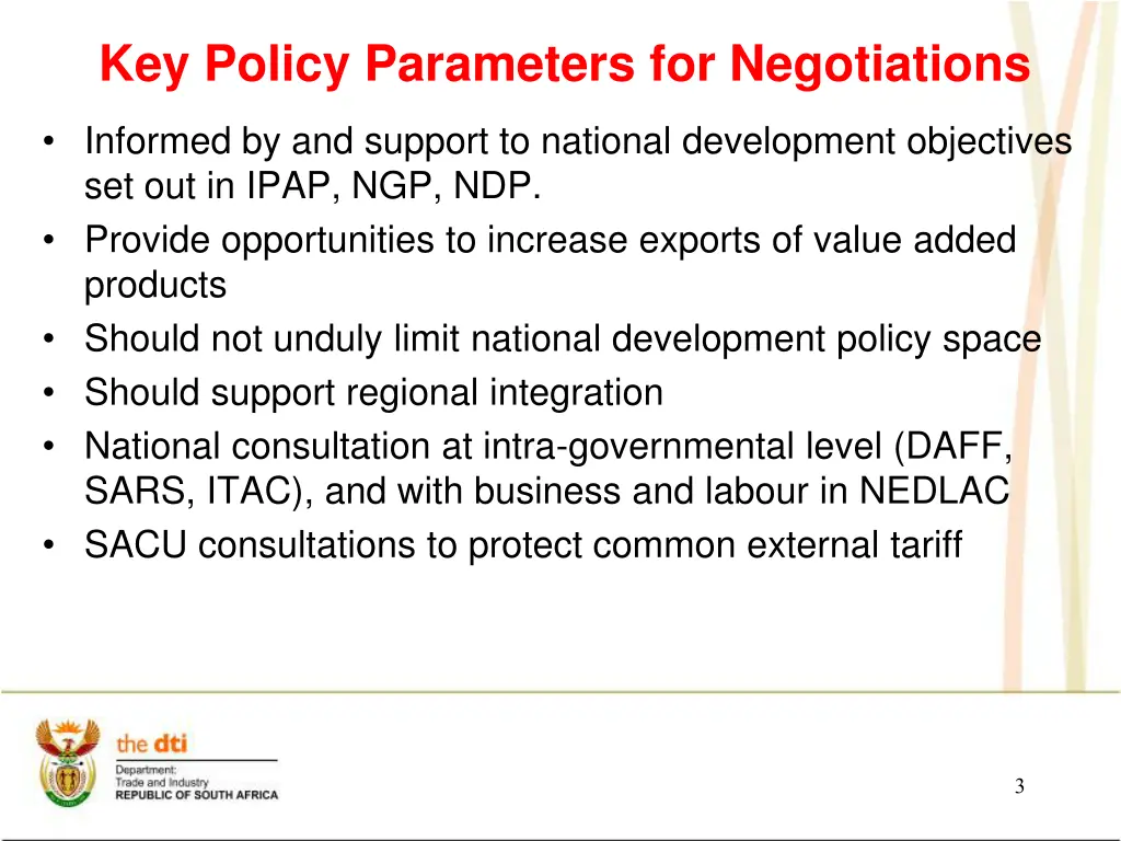 key policy parameters for negotiations