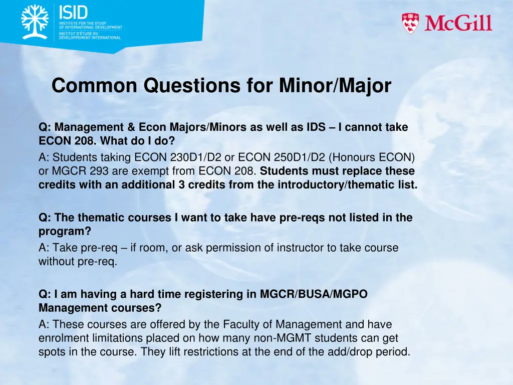common questions for minor major
