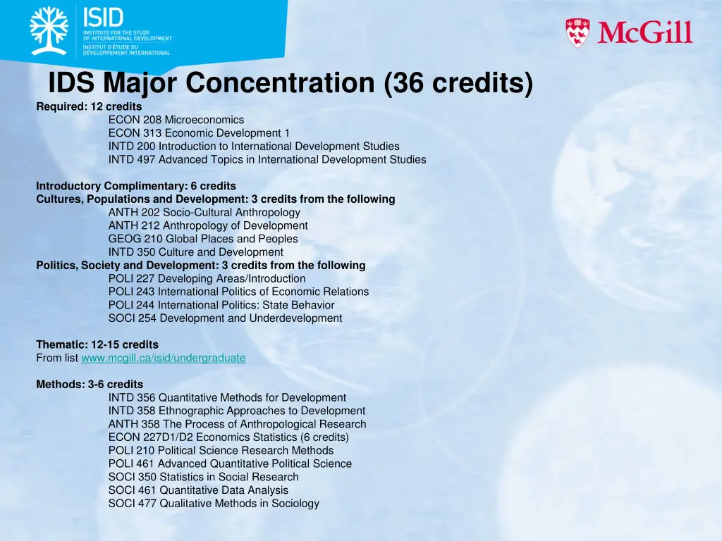 ids major concentration 36 credits required