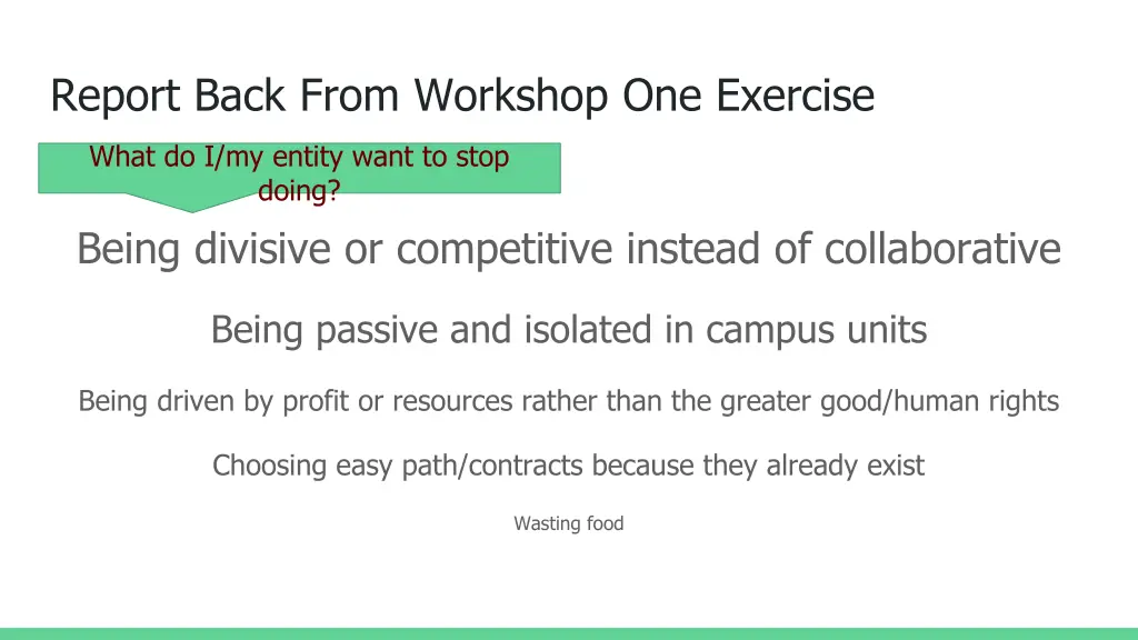 report back from workshop one exercise 1