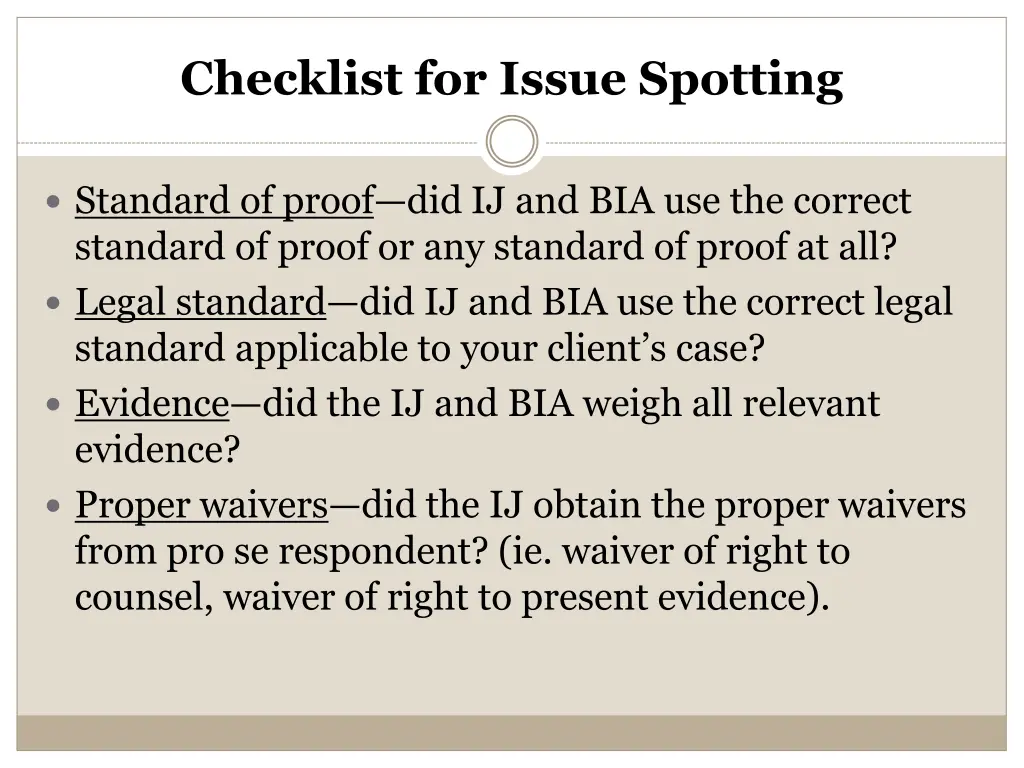 checklist for issue spotting