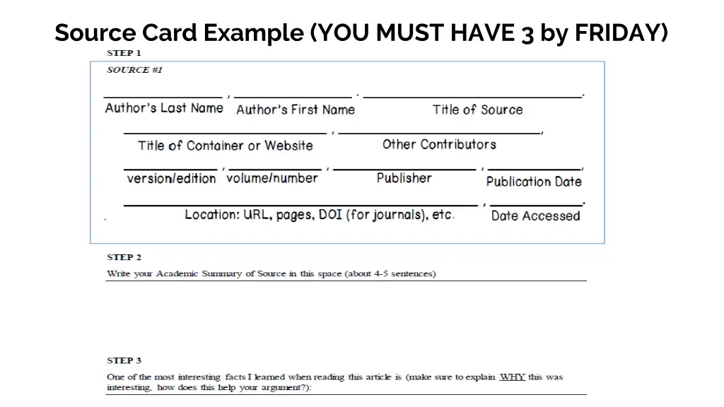 source card example you must have 3 by friday