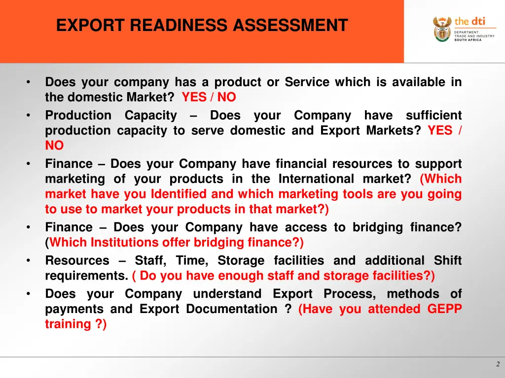 export readiness assessment