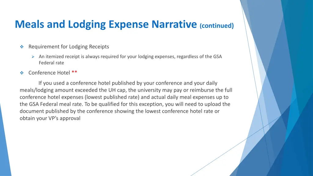 meals and lodging expense narrative continued