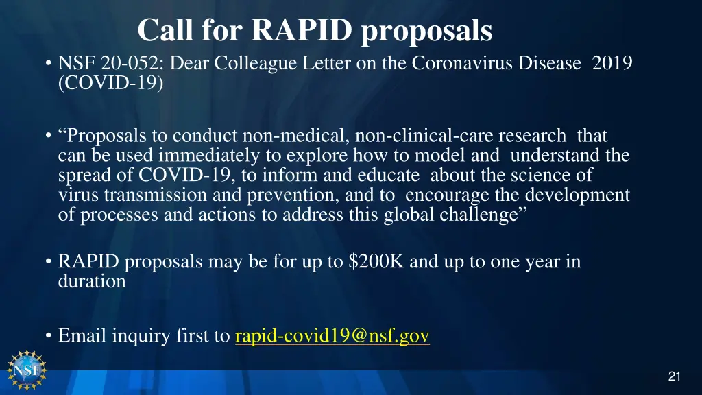 call for rapid proposals nsf 20 052 dear