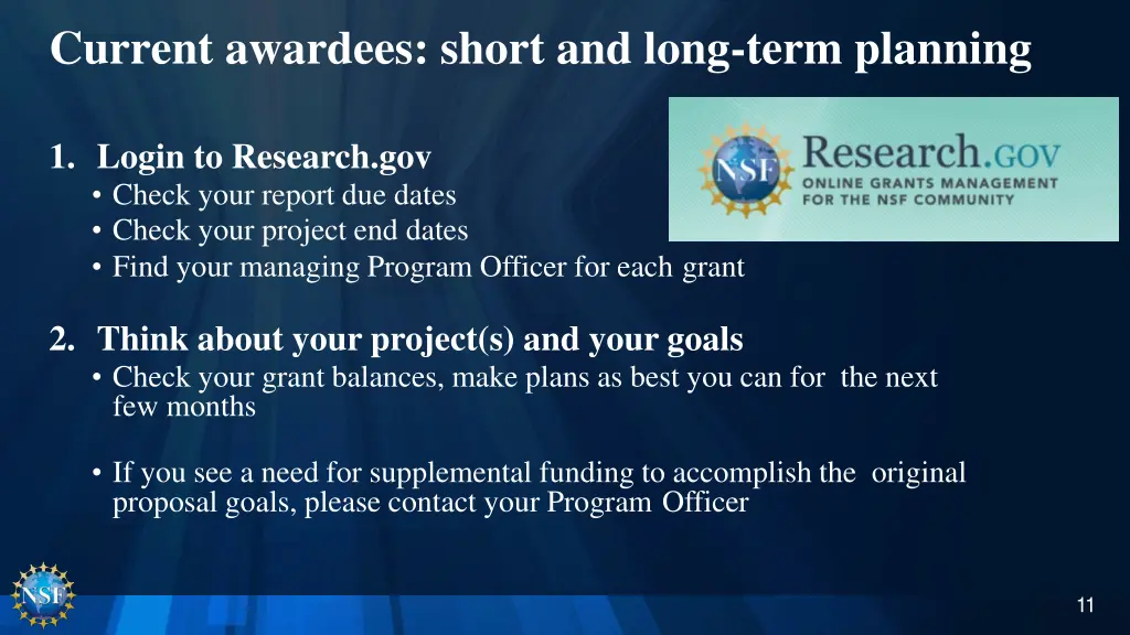 current awardees short and long term planning