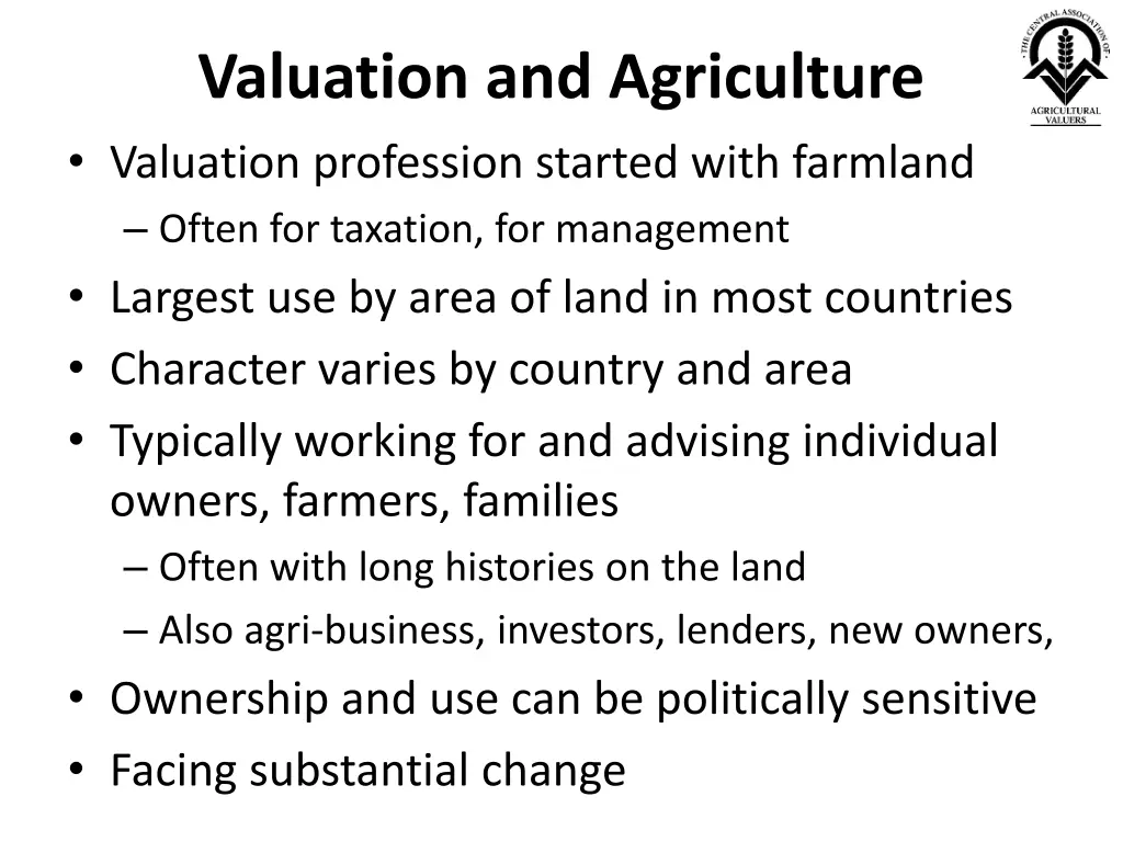 valuation and agriculture valuation profession