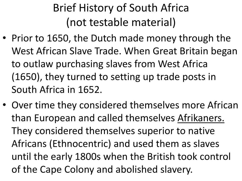 brief history of south africa not testable