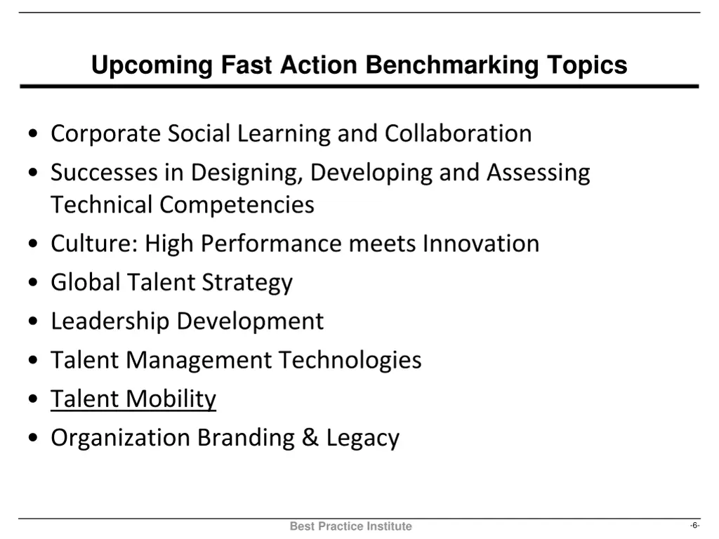 upcoming fast action benchmarking topics