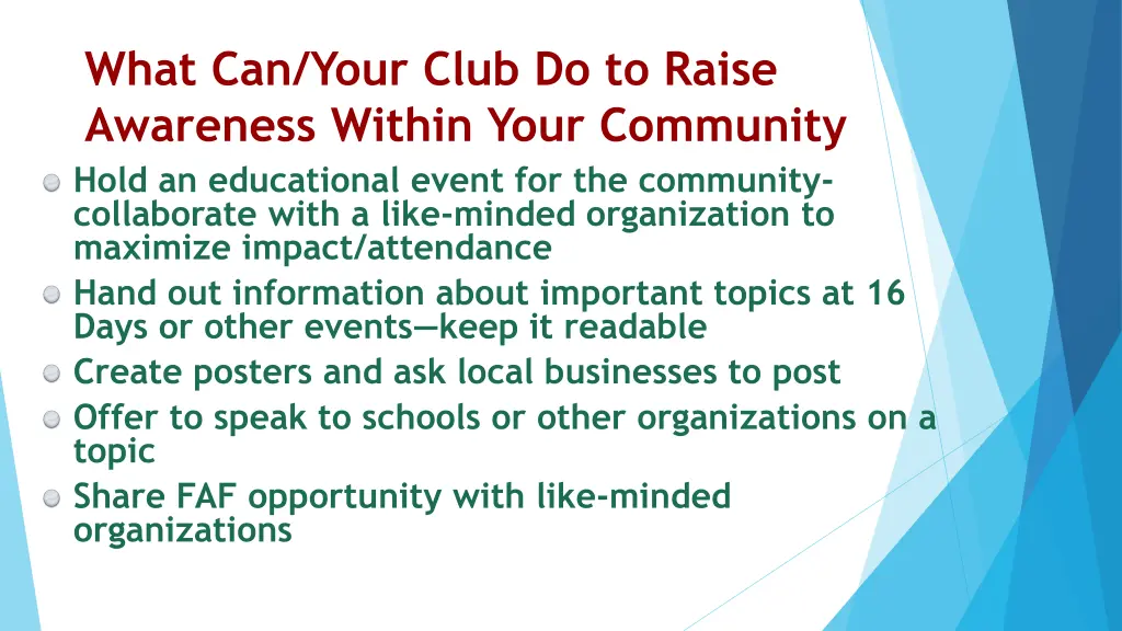 what can your club do to raise awareness within