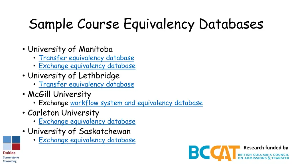 sample course equivalency databases