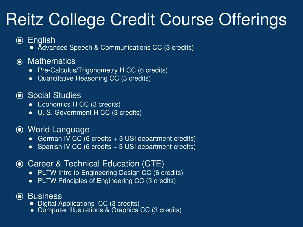 reitz college credit course offerings