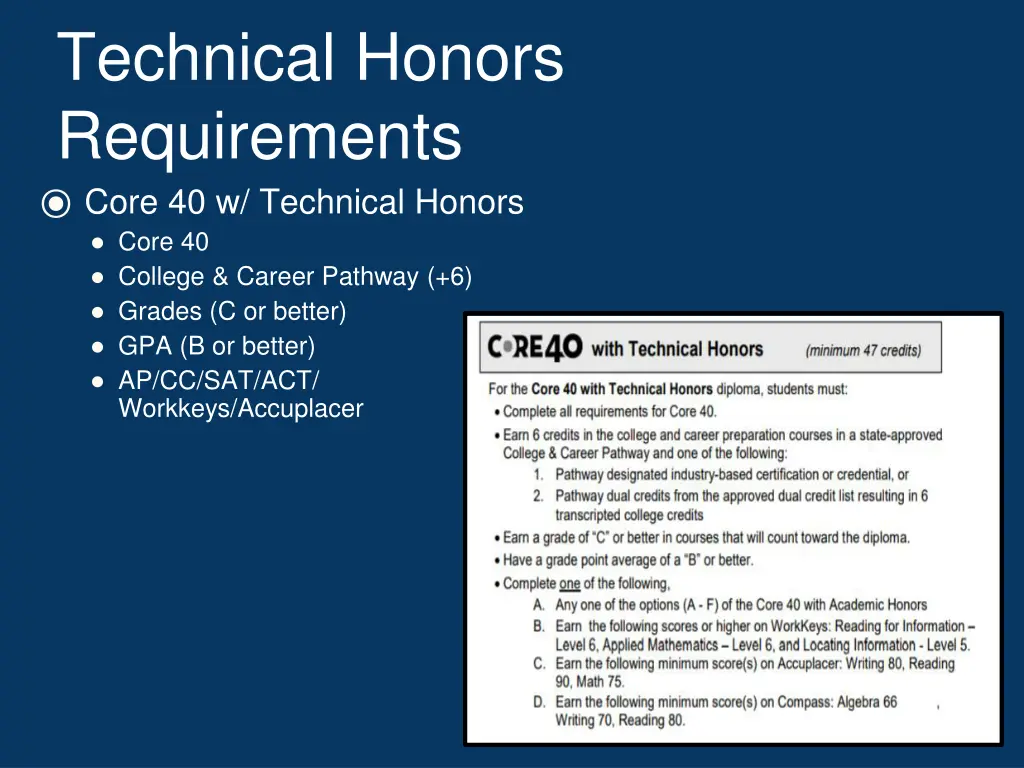 technical honors requirements core 40 w technical