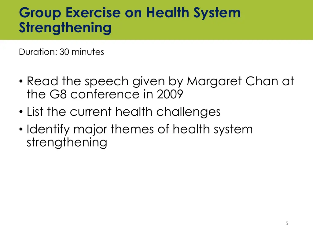 group exercise on health system strengthening