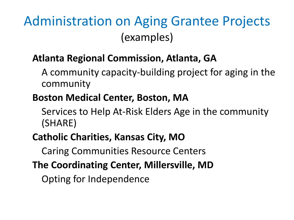 administration on aging grantee projects examples