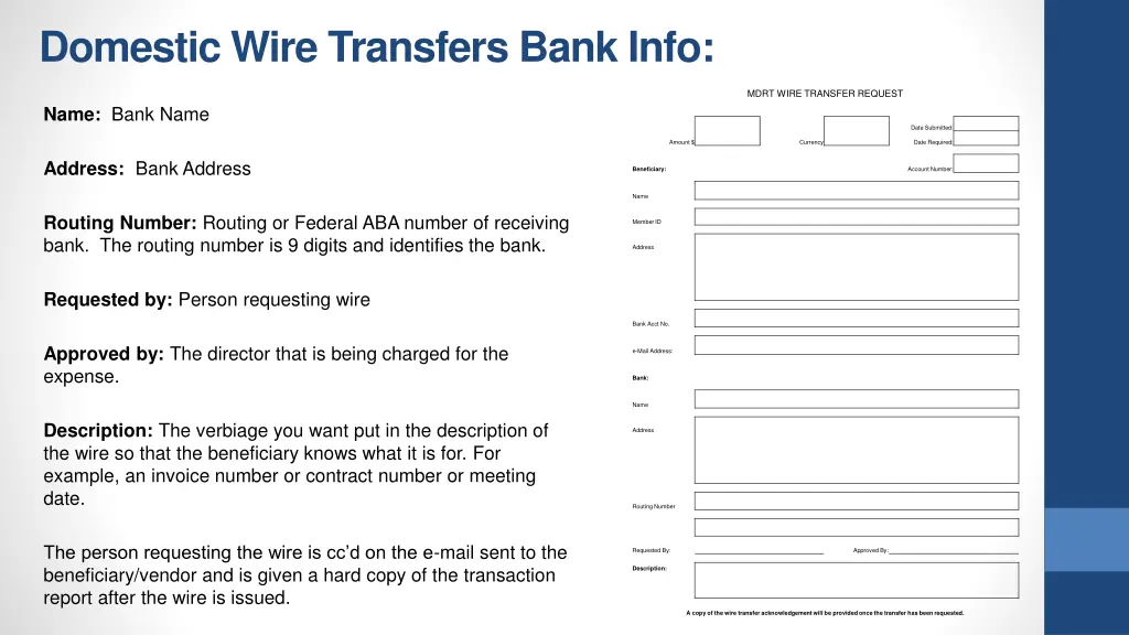 domestic wire transfers bank info