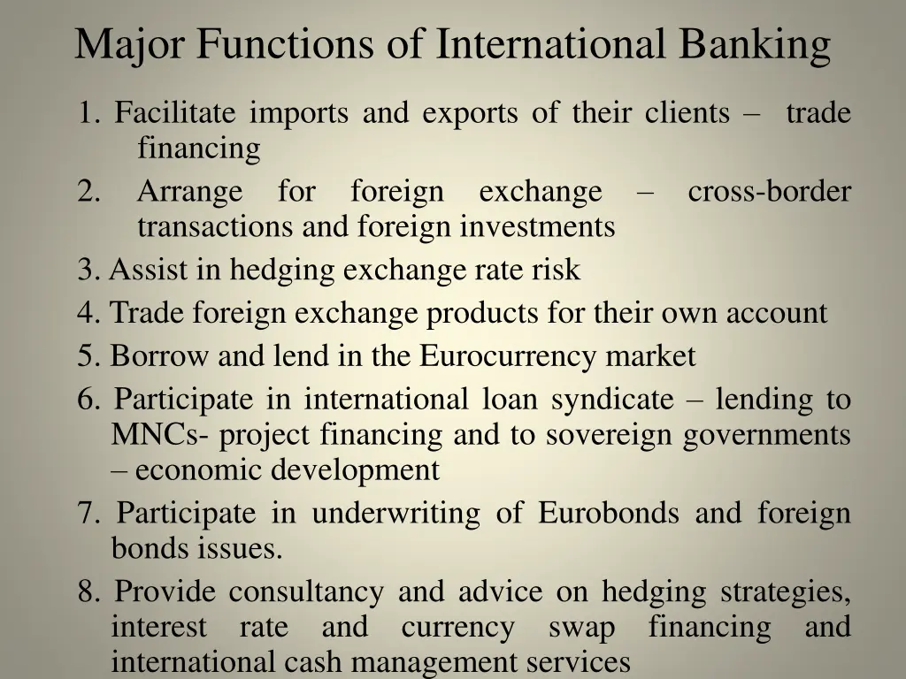 major functions of international banking