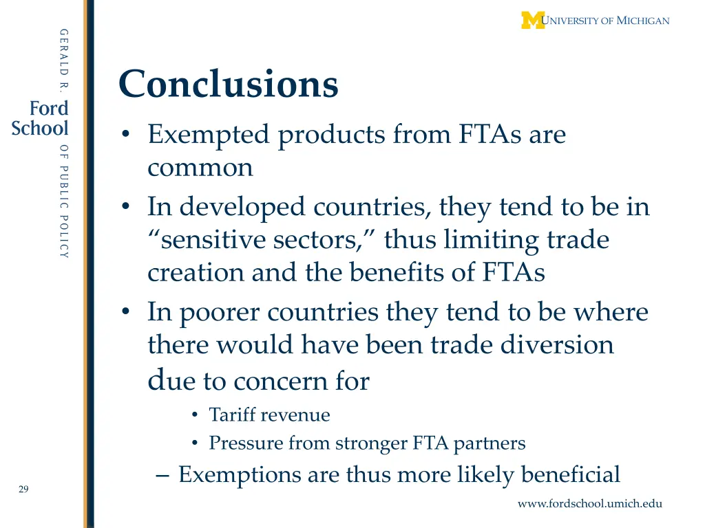 conclusions exempted products from ftas