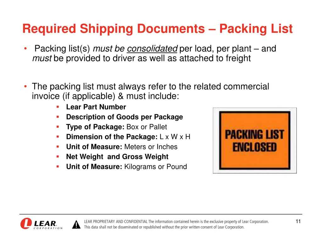 required shipping documents packing list
