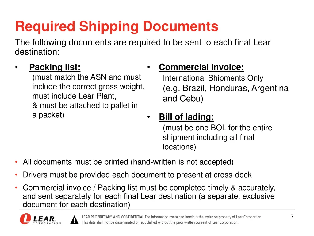 required shipping documents the following