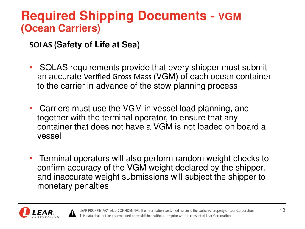 required shipping documents vgm ocean carriers