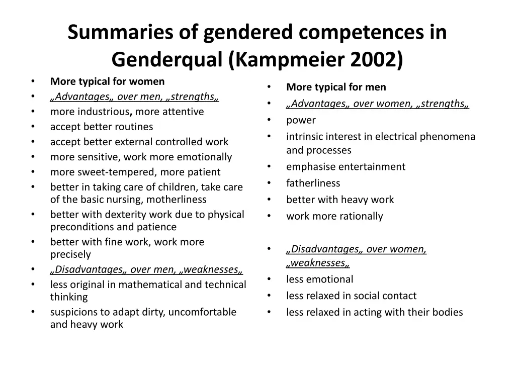 summaries of gendered competences in genderqual
