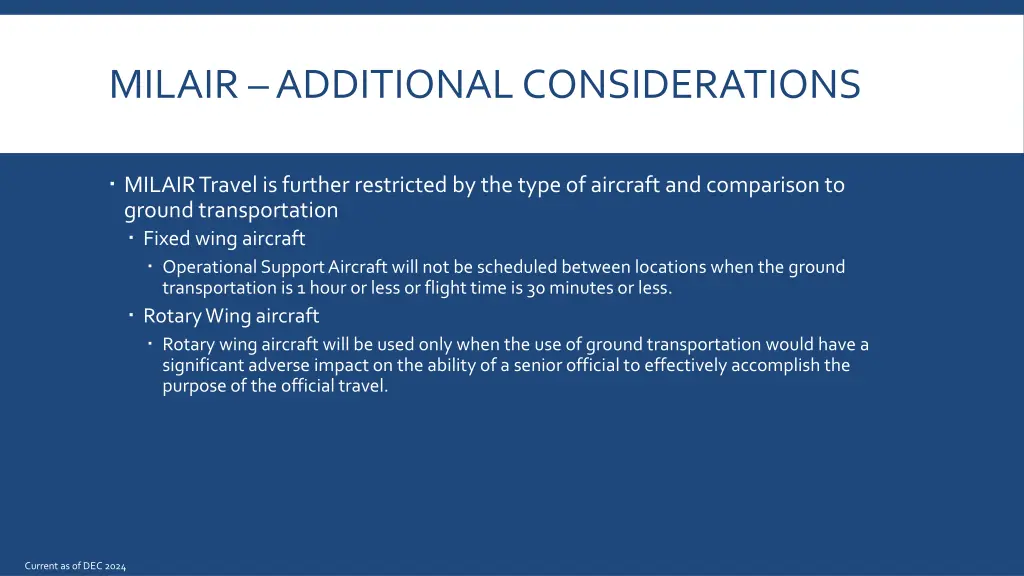 milair additional considerations