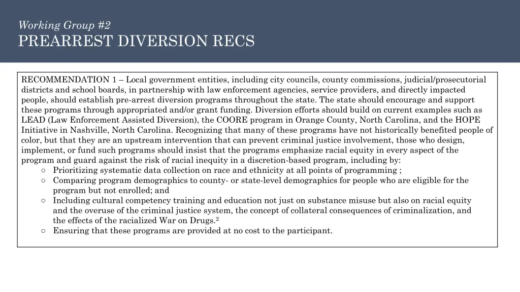 working group 2 prearrest diversion recs