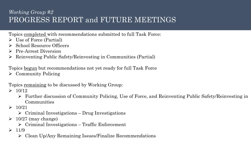 working group 2 progress report and future