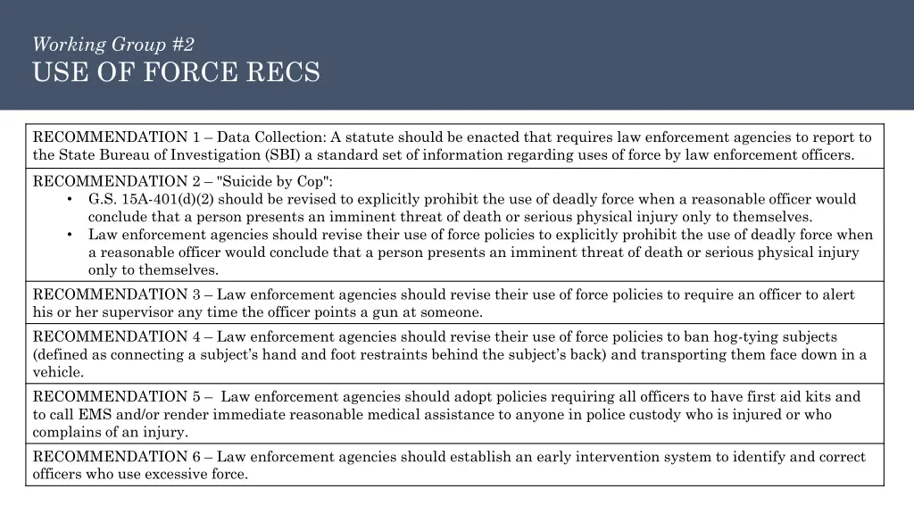 working group 2 use of force recs