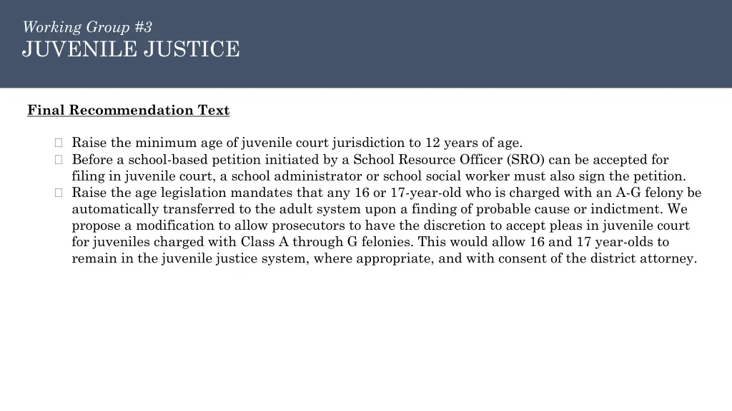 working group 3 juvenile justice