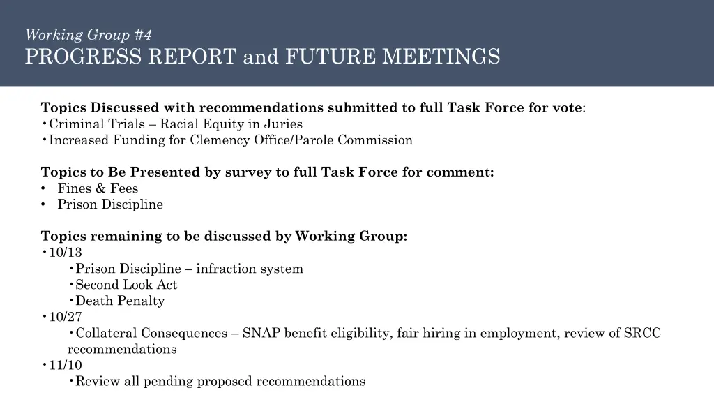 working group 4 progress report and future