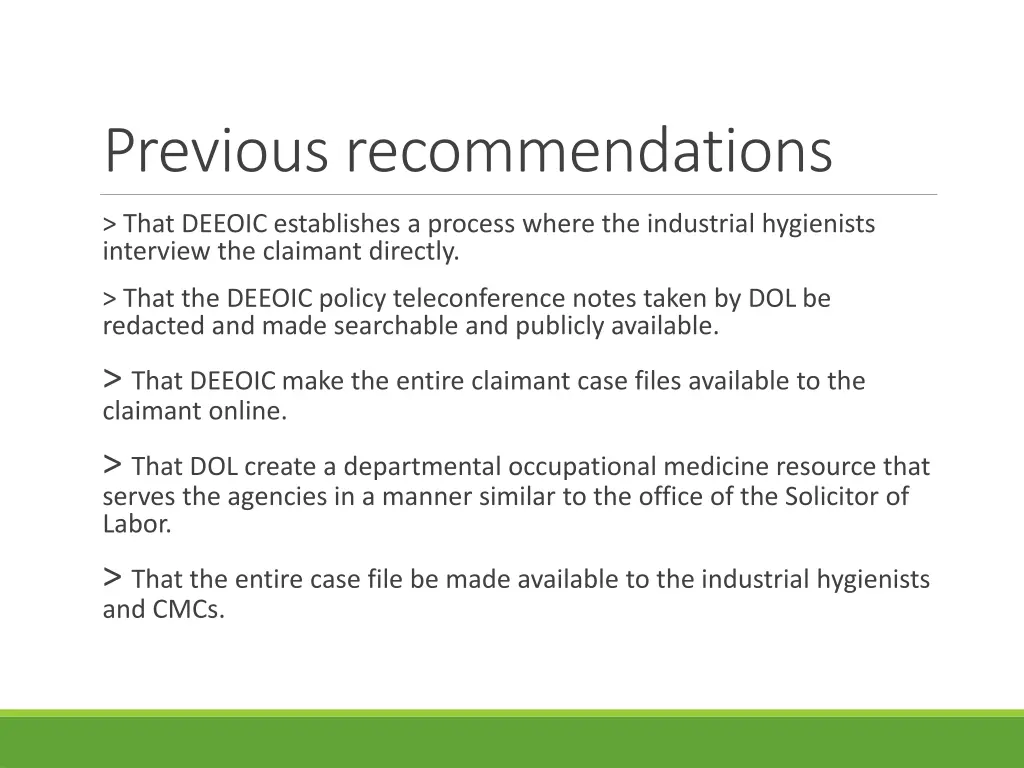 previous recommendations