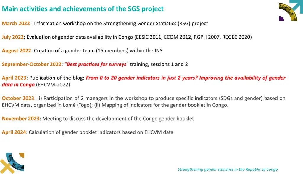 main activities and achievements