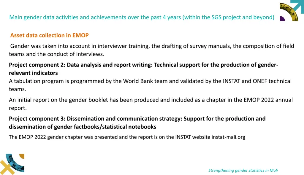 main gender data activities and achievements over 4