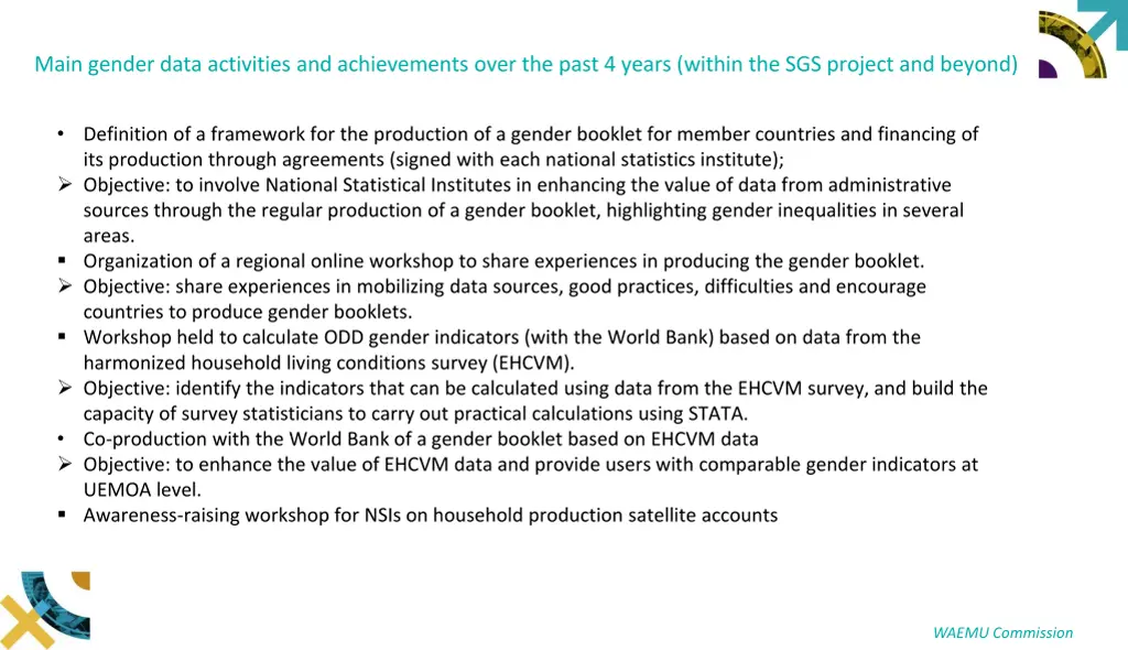 main gender data activities and achievements over 5