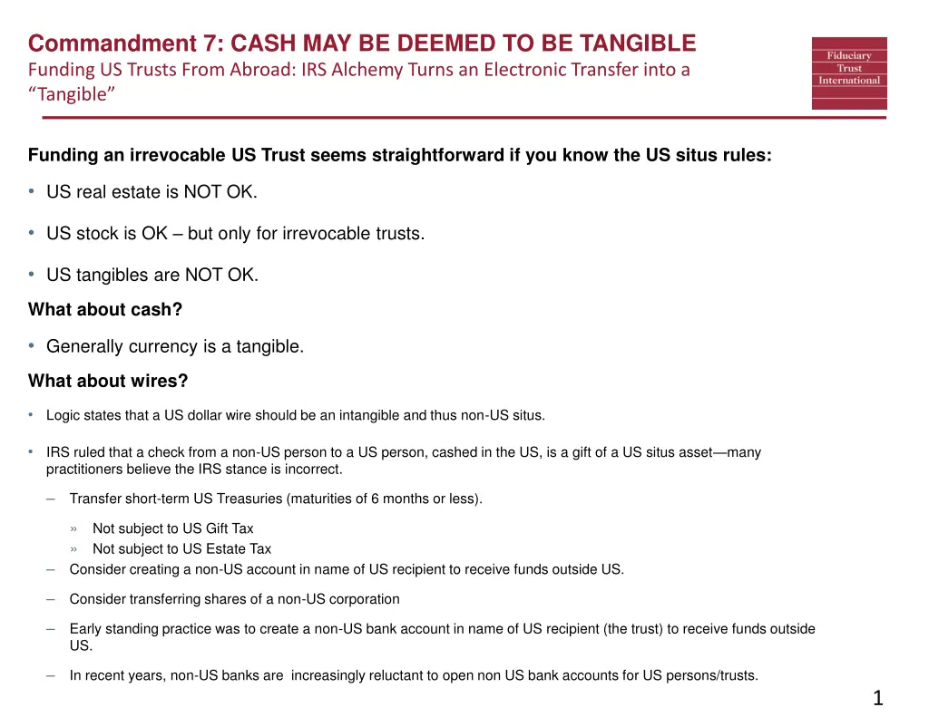 commandment 7 cash may be deemed to be tangible